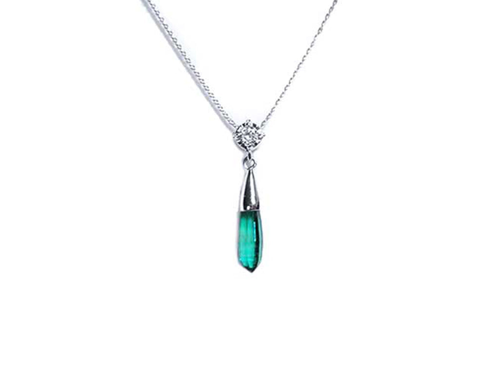 14k white gold Emerald briolette necklaces Muzo mines with a natural diamond on top slider bail and 18&quot; inches chain