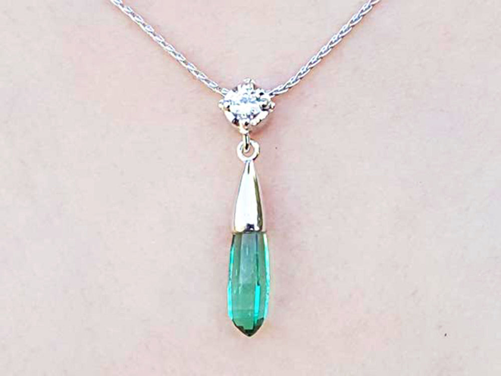 Women&#39;s Emerald briolette necklaces natural from Muzo mines with a natural diamond on top slider bail and 18&quot; inches chain