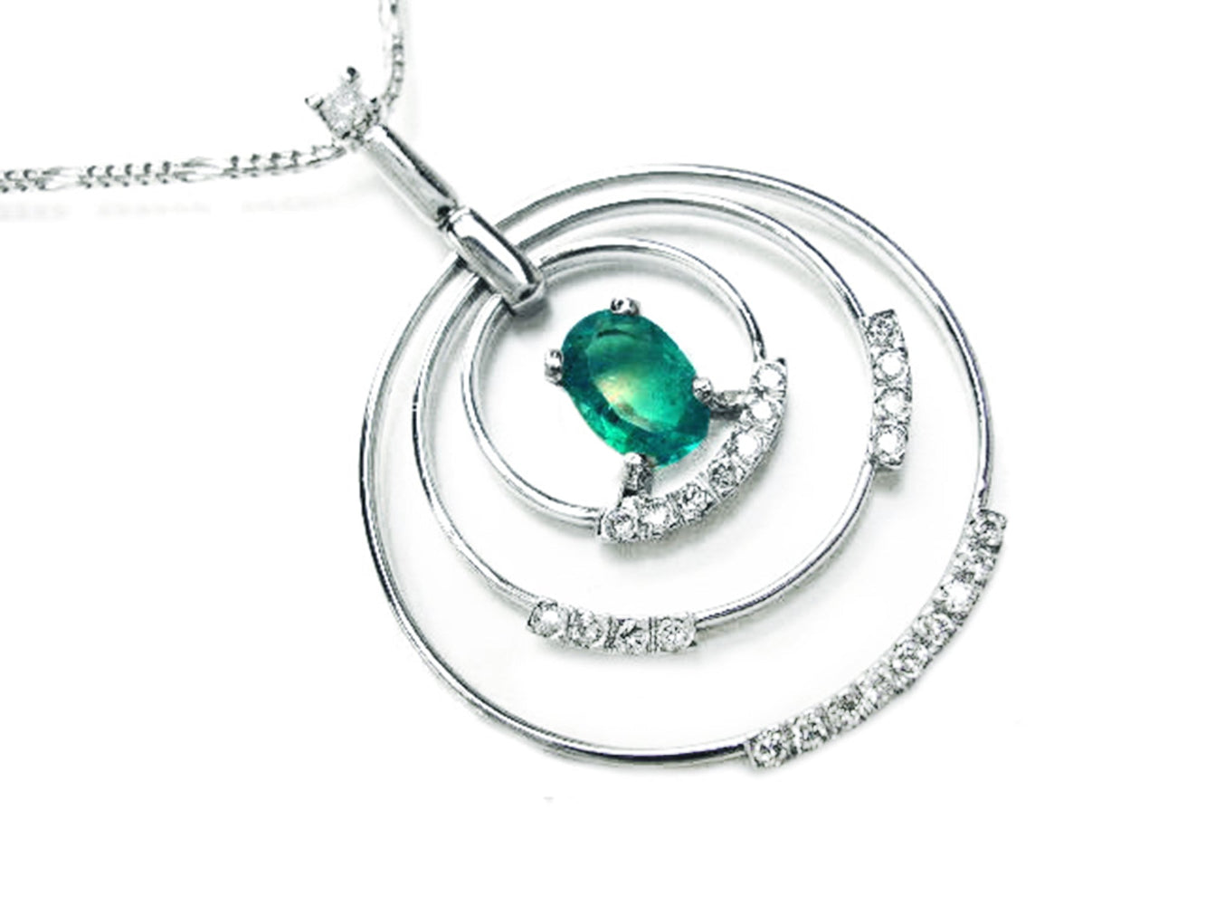 The right-side profile view of this circle of life emerald pendant oval cut with natural diamonds in white gold, clearly shows its three circles.