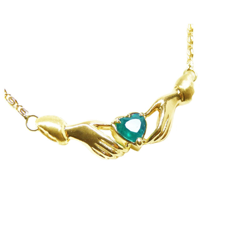 Claddagh emerald necklace, heart cut natural Colombian emerald Muzo mines crafted in 14k yellow gold
