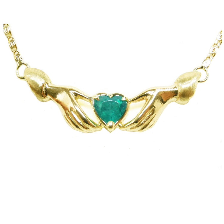 Claddagh necklace solitaire emerald heart cut natural Colombian Muzo mines crafted in 14k yellow gold 