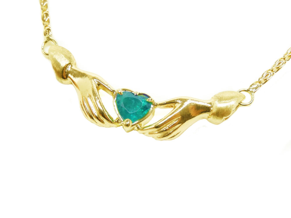 Yellow gold claddagh necklace heart cut natural Colombian emerald Muzo mines crafted in 14k yellow gold