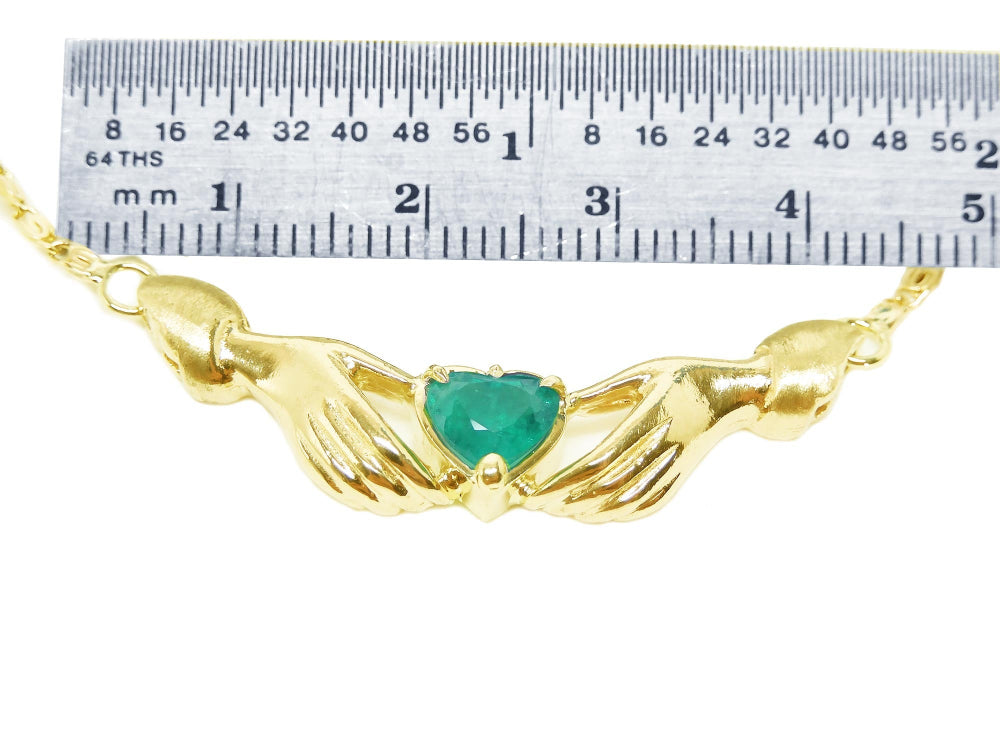 Emerald necklace claddagh design heart cut natural Colombian emerald Muzo mines crafted in 14k yellow gold