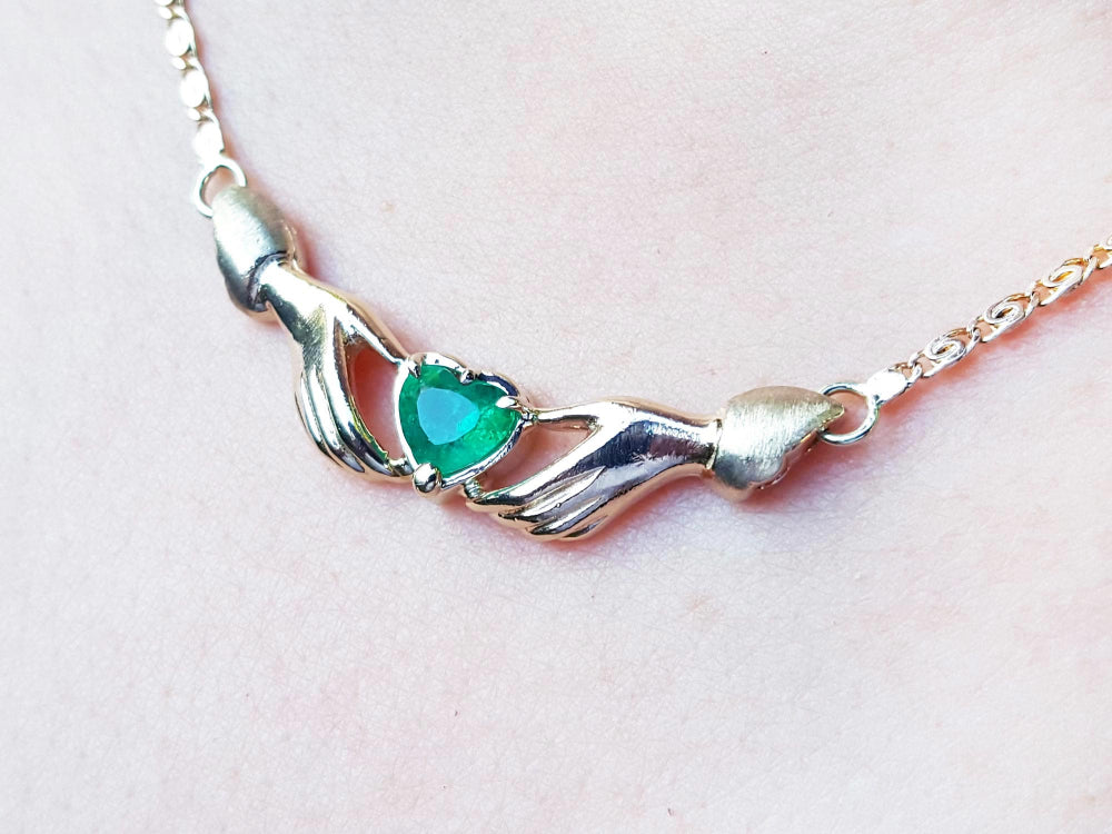 Hearth cut necklace Claddagh natural Colombian emerald Muzo mines crafted in 14k yellow gold