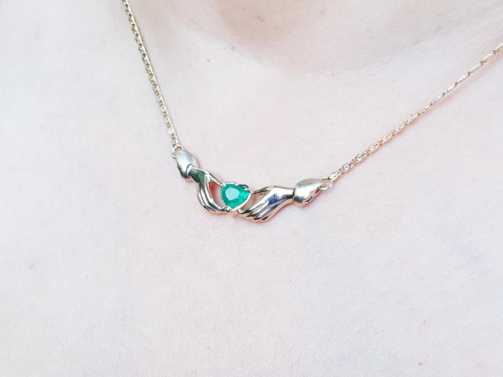 Colombian emerald claddagh necklace heart cut 0.76 carats natural Muzo mines crafted in 14k yellow gold