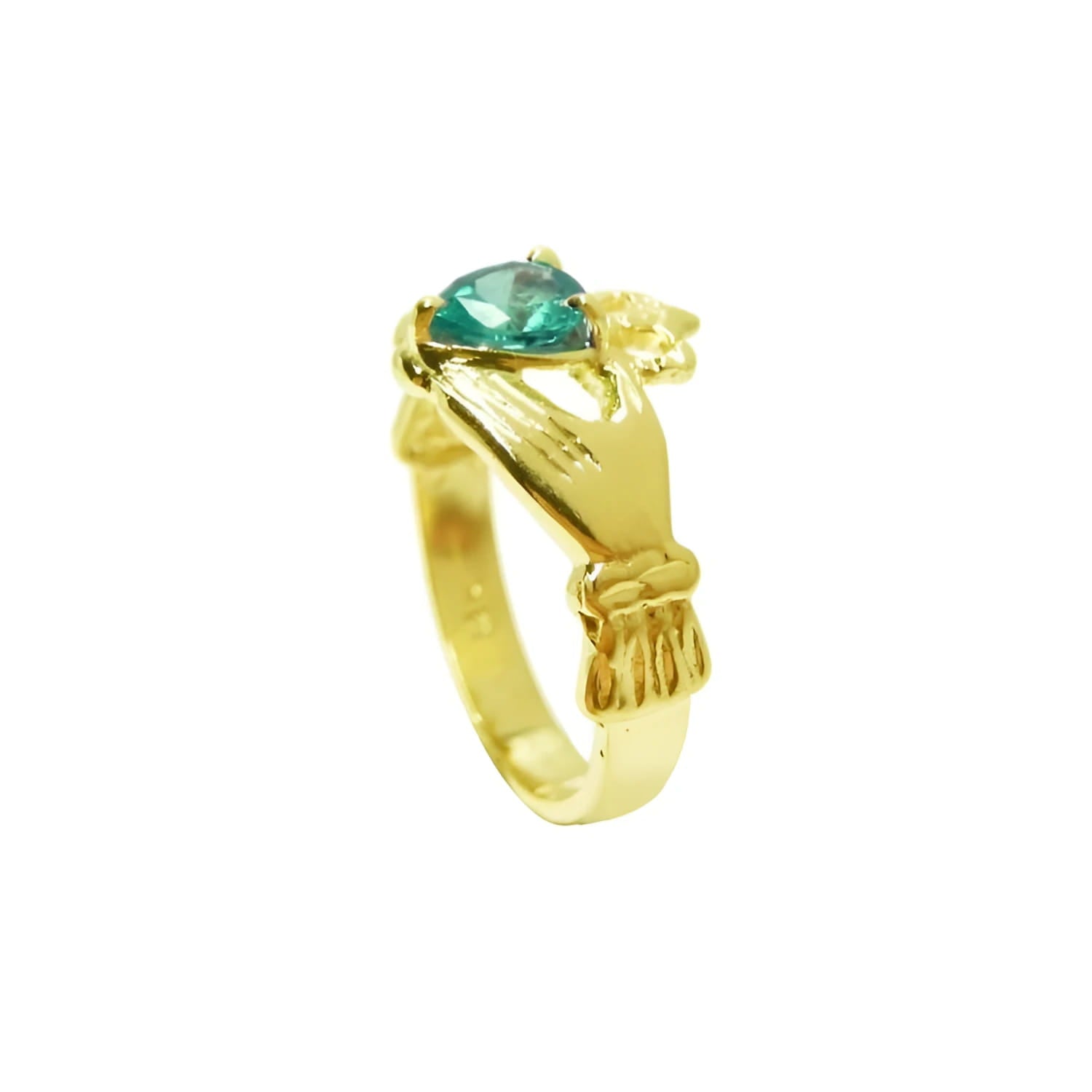Women's 14K yellow gold Claddagh ring with a pear-shaped Colombian emerald.