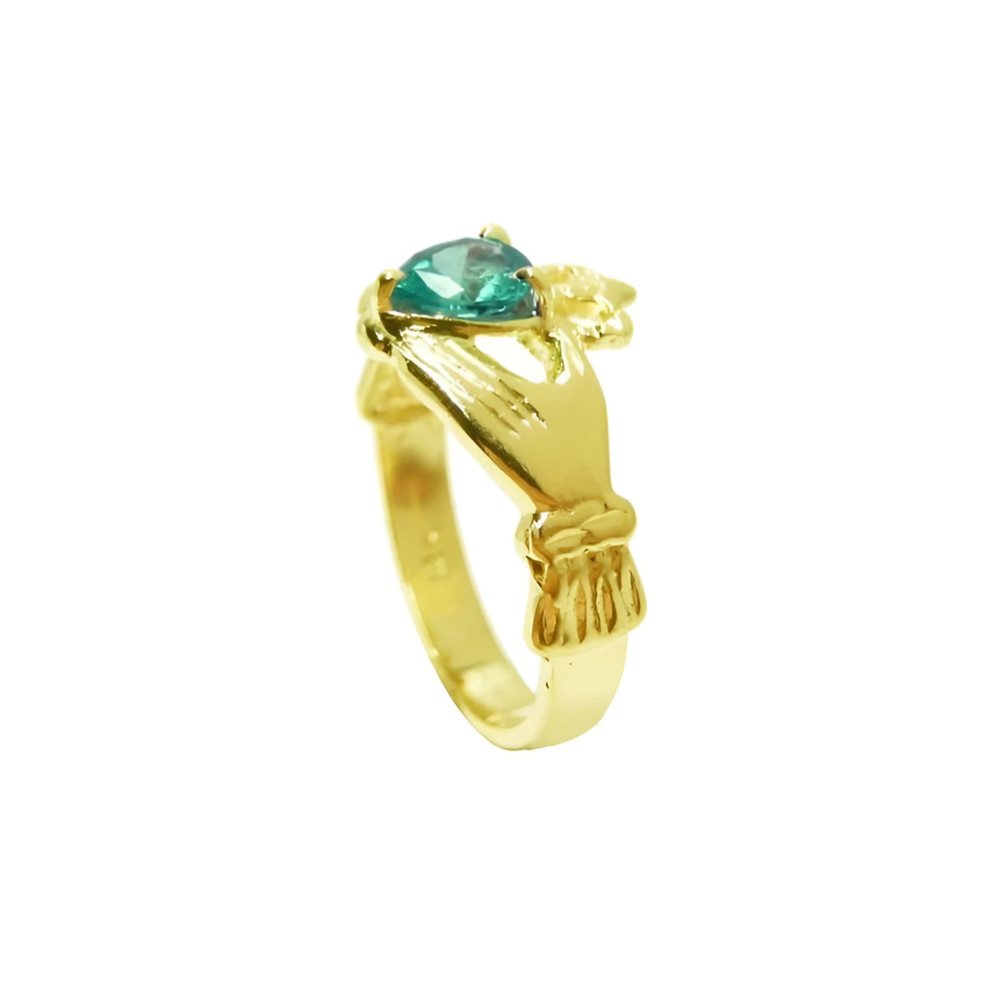 Women's 14K yellow gold Claddagh ring with a pear-shaped Colombian emerald.