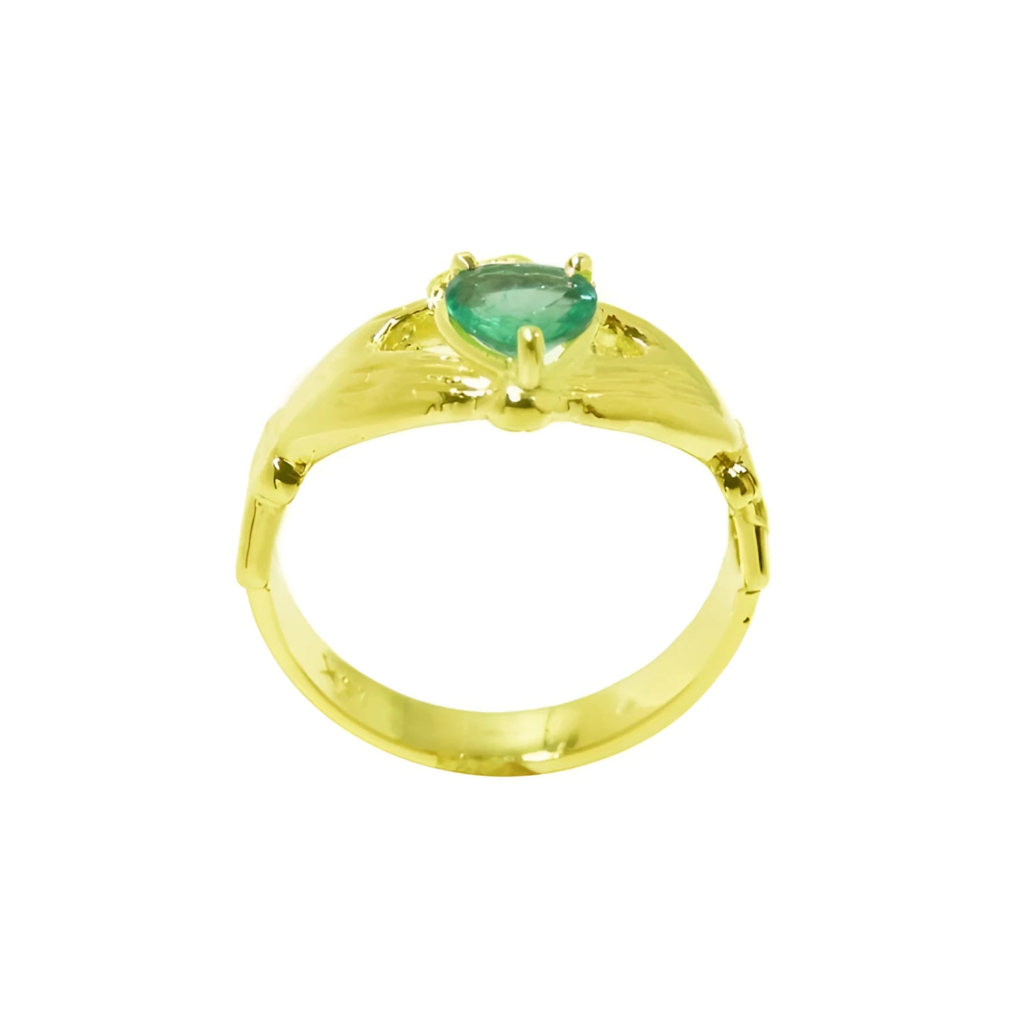 14K yellow gold Claddagh ring with a pear-shaped, medium-green emerald.