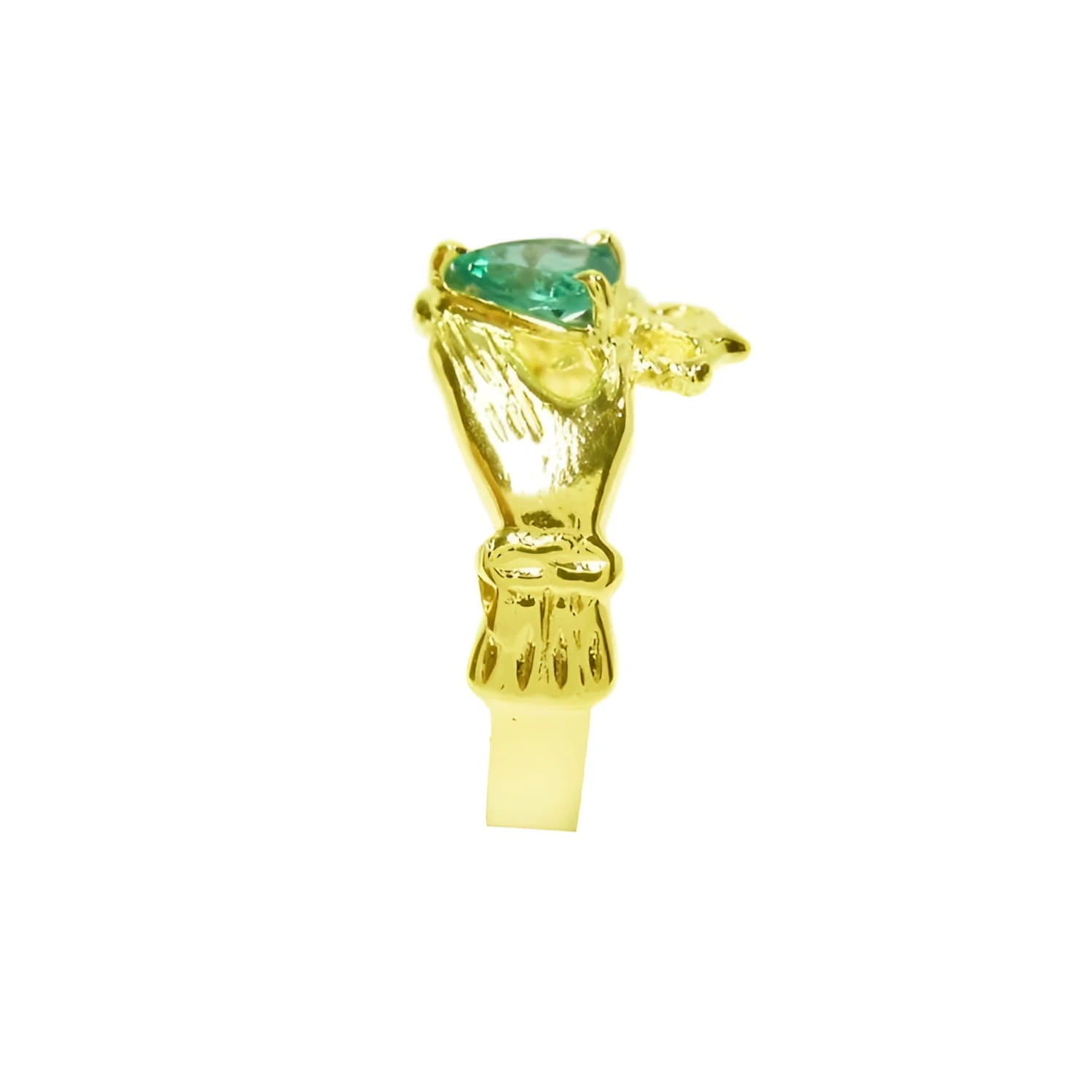 14K yellow gold Claddagh ring with a pear-shaped medium-green emerald.