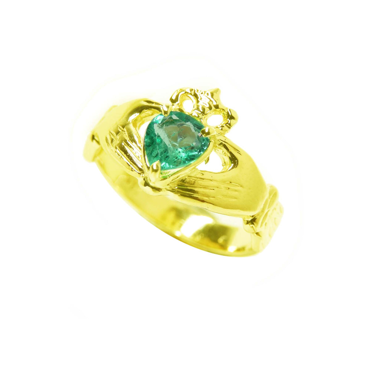 Yellow gold natural Muzo colombian emerald claddagh ring for women.