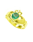 Yellow gold natural Muzo colombian emerald claddagh ring for women.