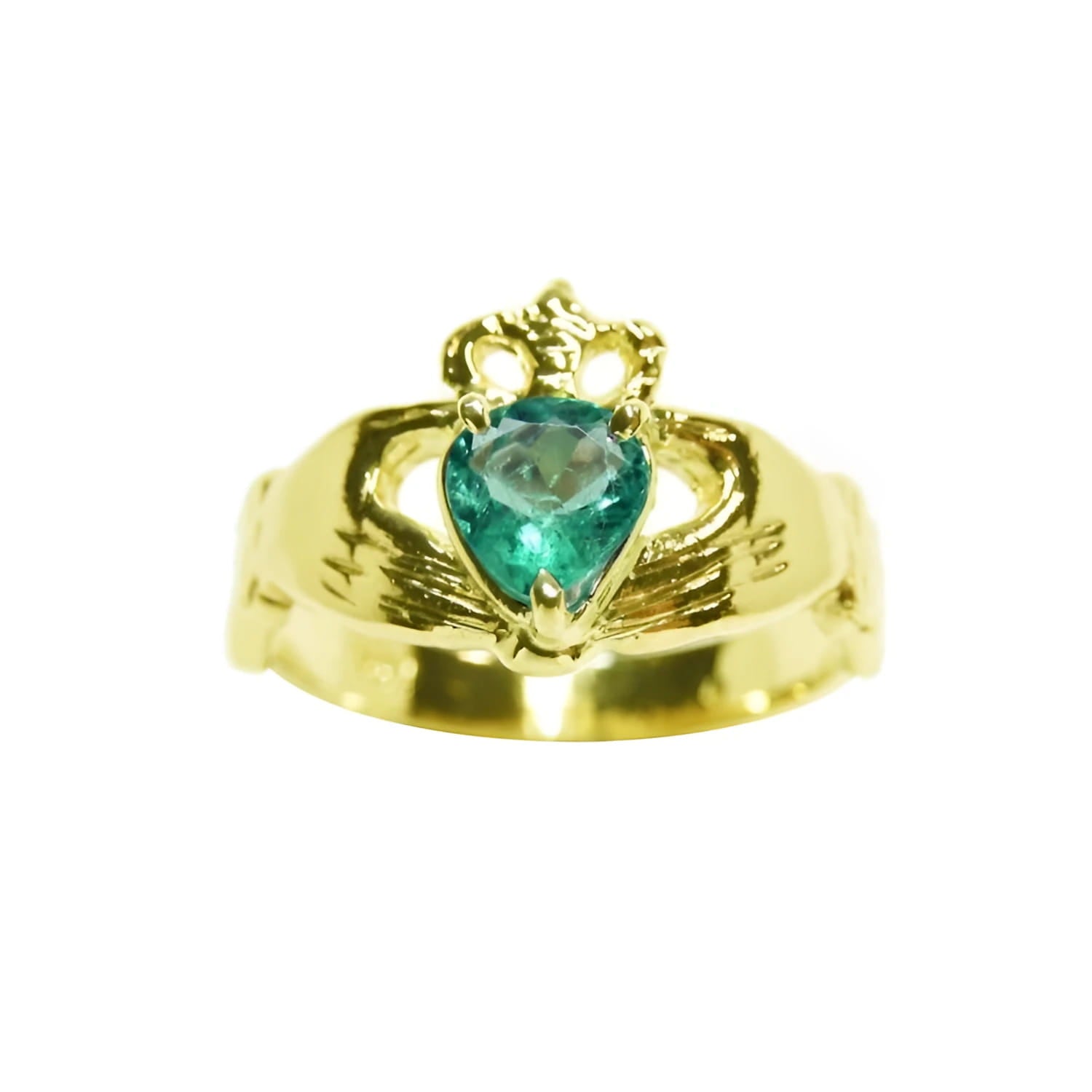 Women's 14K yellow gold Claddagh ring with a pear-shaped emerald.