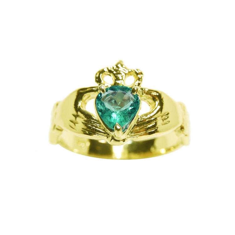 14k yellow gold genuine colombian emerald claddagh ring for women.