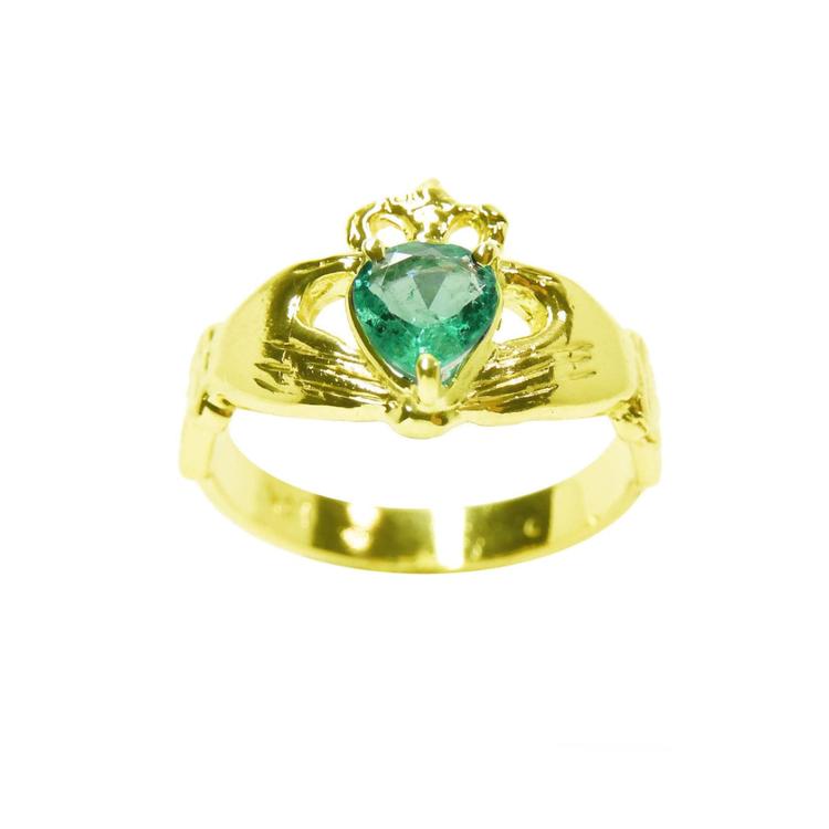 A 14k yellow gold emerald claddagh ring for women