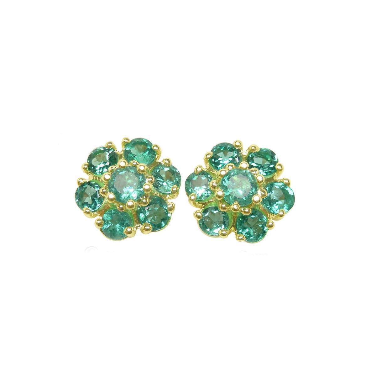 Pair of emerald cluster earrings yellow gold front position top view.
