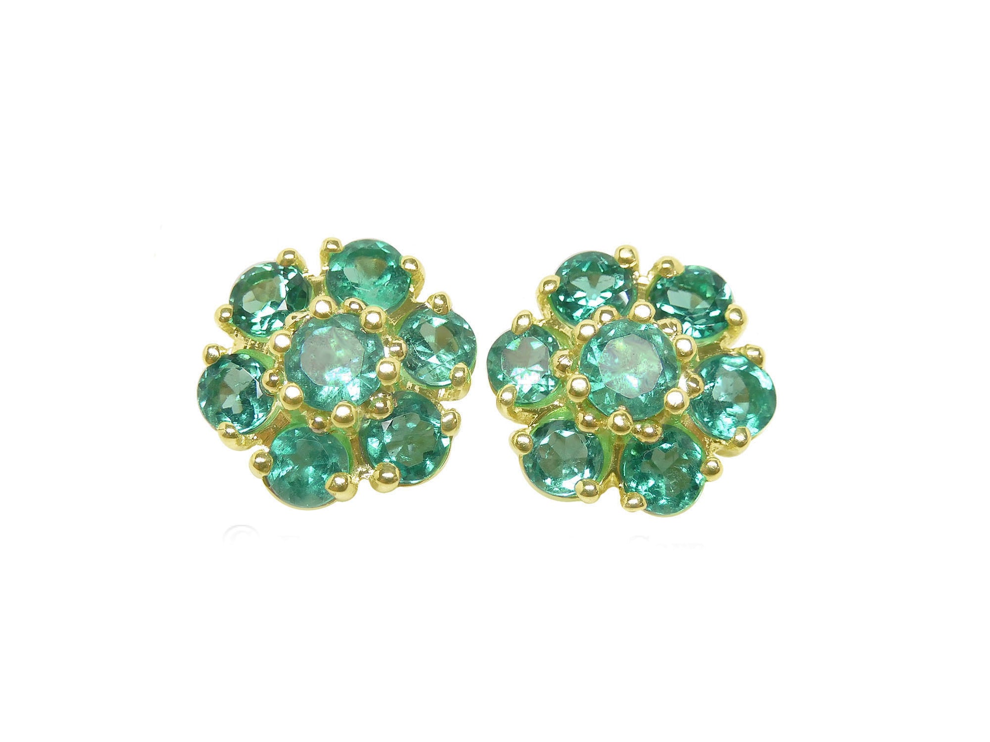 Pair of emerald cluster earrings yellow gold front position top view.