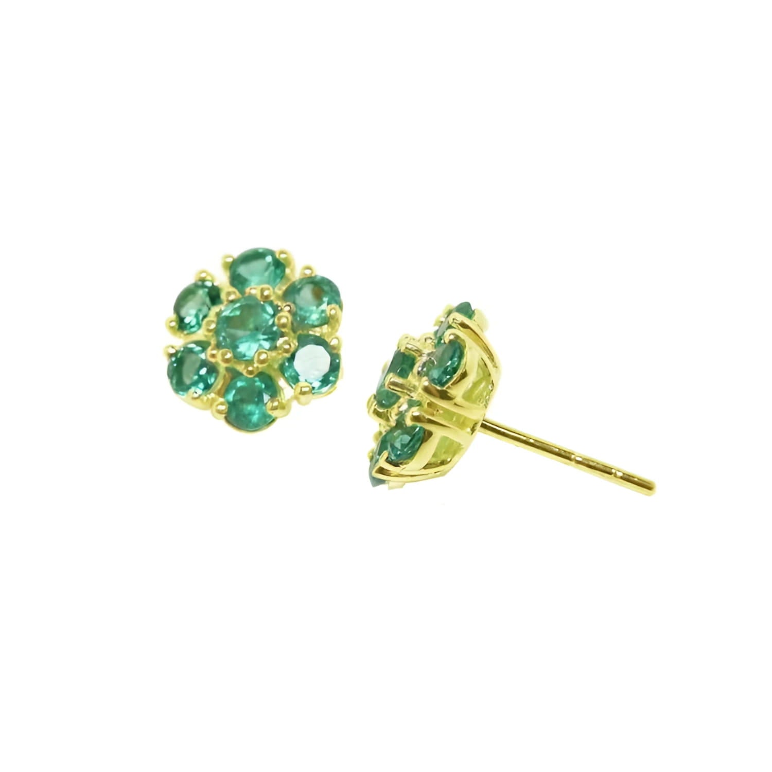 18K yellow gold stud earrings with round-cut Colombian emerald clusters forming a vibrant green flower.
