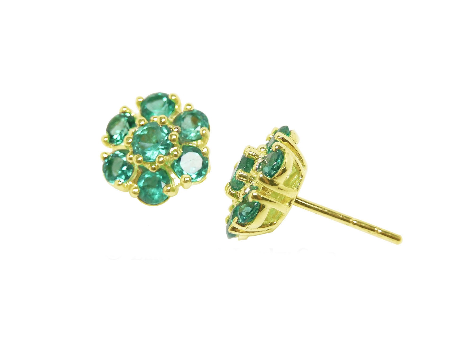 18K yellow gold emerald cluster earrings, front and side positions side profile view.