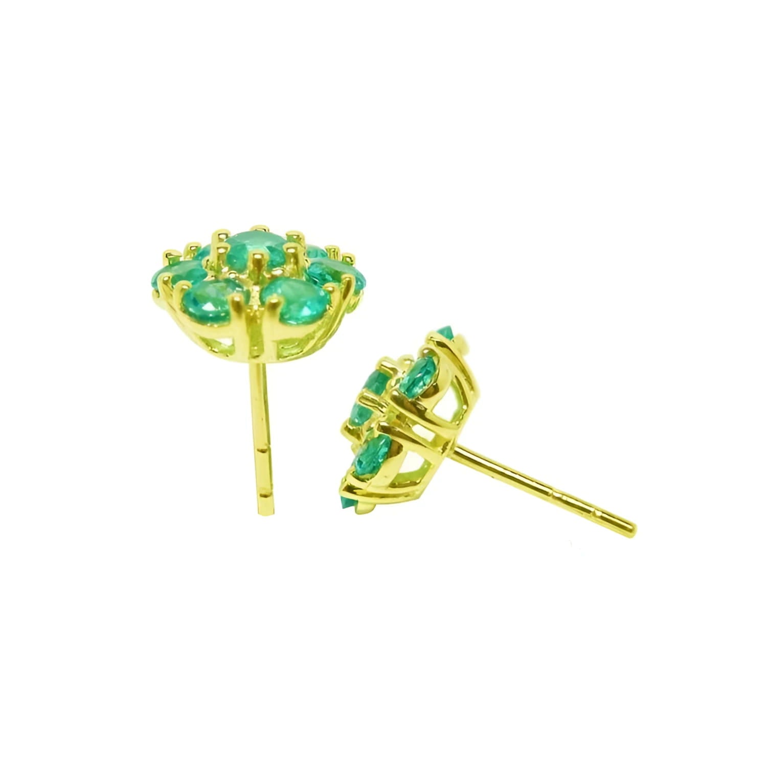 Colombian emerald cluster stud earrings with six round-cut petals in 18K yellow gold.