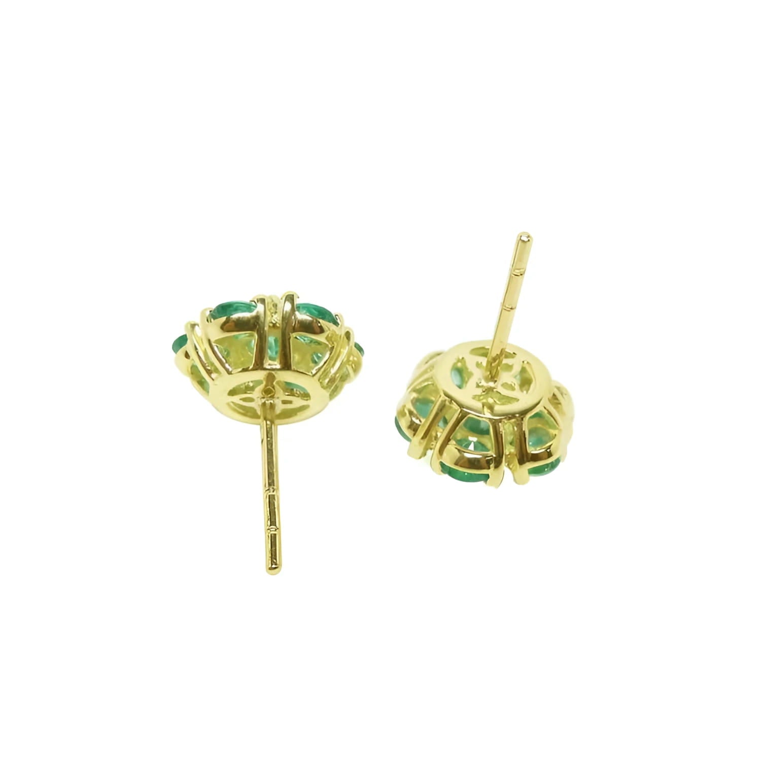 Colombian emerald cluster stud earrings with six round-cut petals in 18K yellow gold.