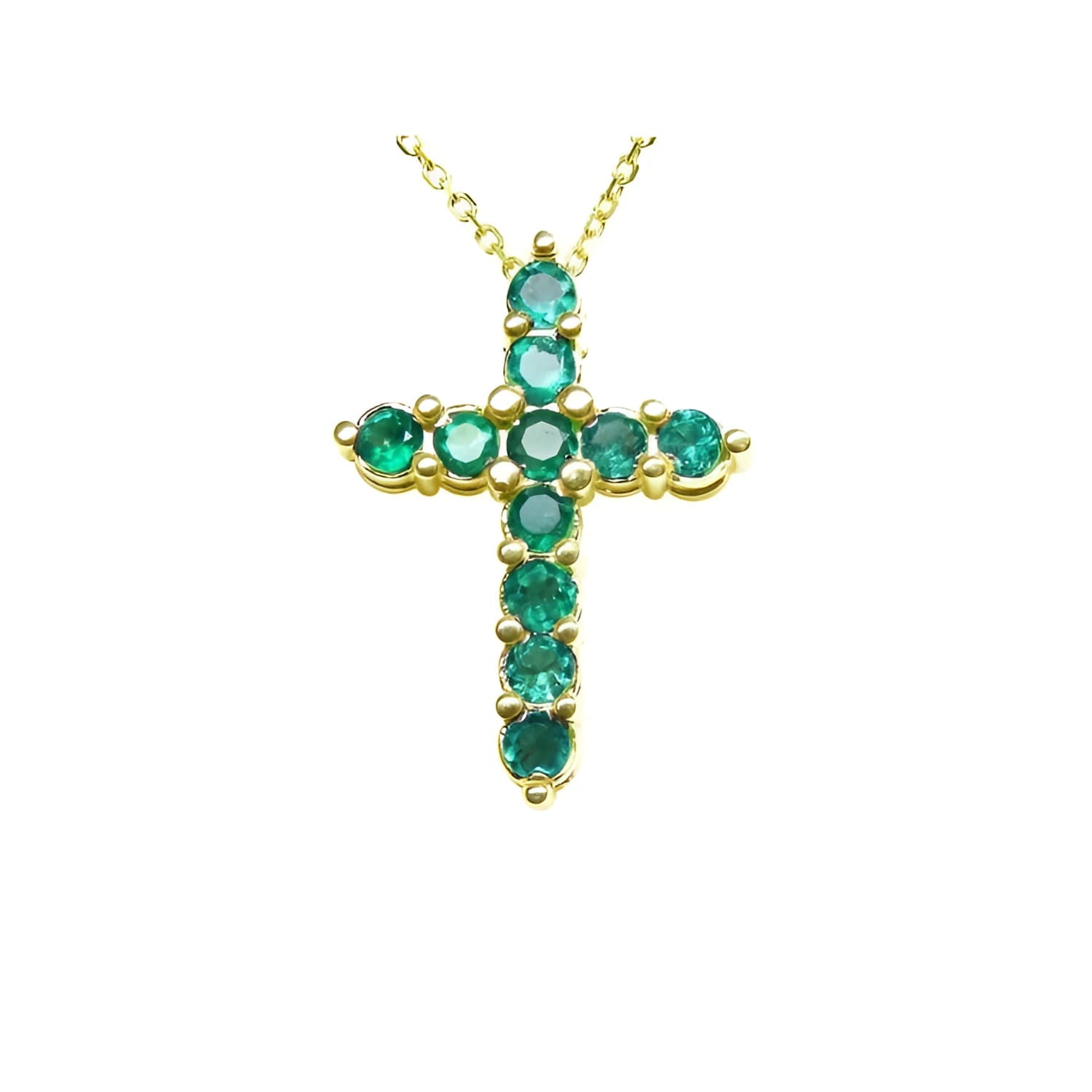 14K yellow gold cross pendant necklace with eleven round-cut Colombian emeralds.