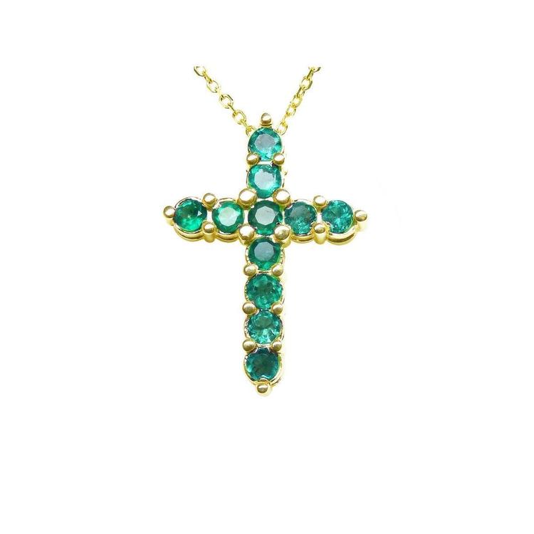 14K yellow gold cross pendant necklace with eleven round-cut Colombian emeralds.