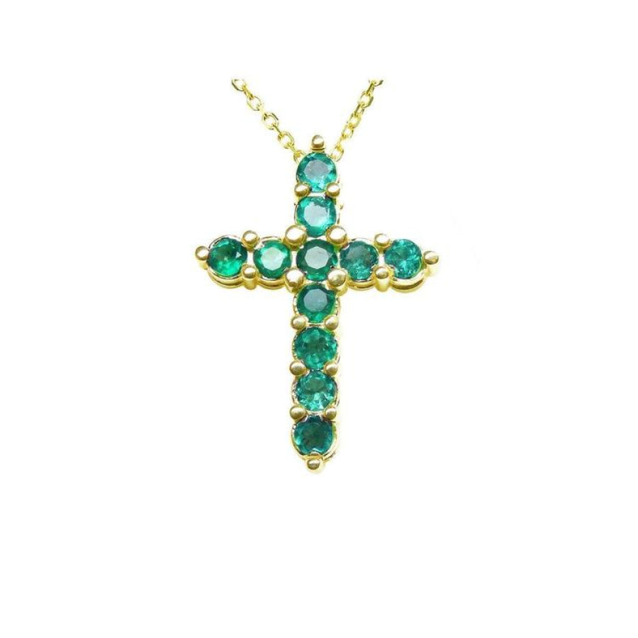 14K yellow gold cross pendant necklace with eleven round-cut Colombian emeralds.