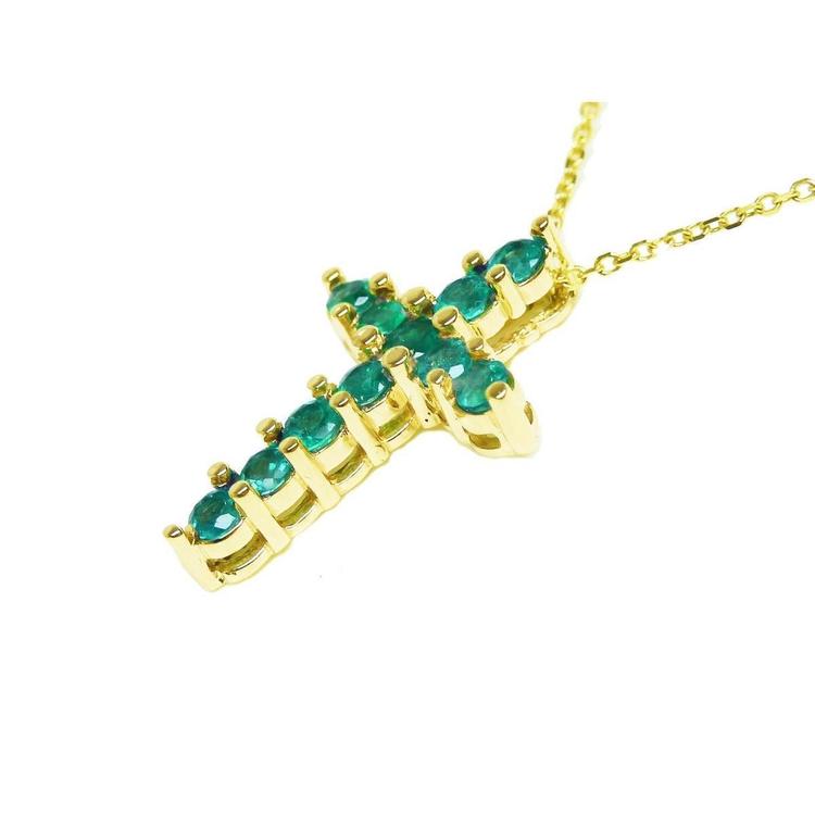 14K yellow gold cross pendant necklace with eleven round-cut Colombian emeralds.