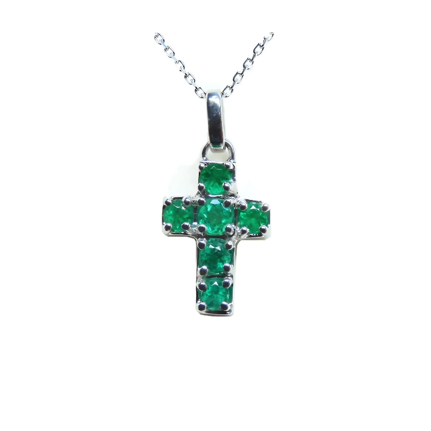 Natural colombian emerald cross pendant necklace crafted in 14k white gold with exquisite craftsmanship.