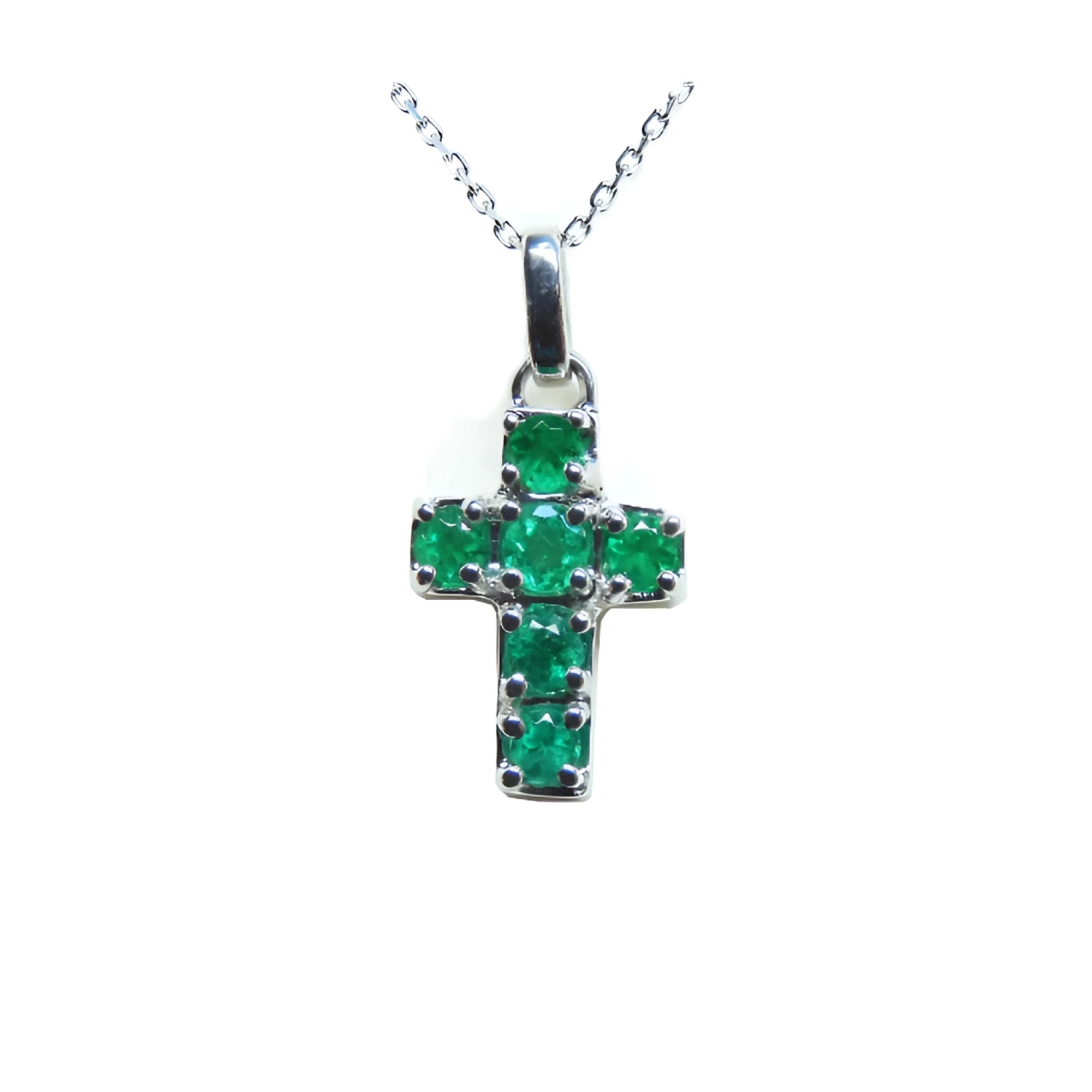 Natural colombian emerald cross pendant necklace crafted in 14k white gold with exquisite craftsmanship.