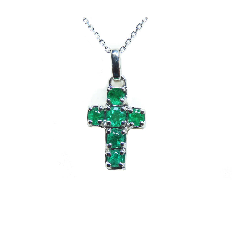 Natural colombian emerald cross pendant necklace crafted in 14k white gold with exquisite craftsmanship.