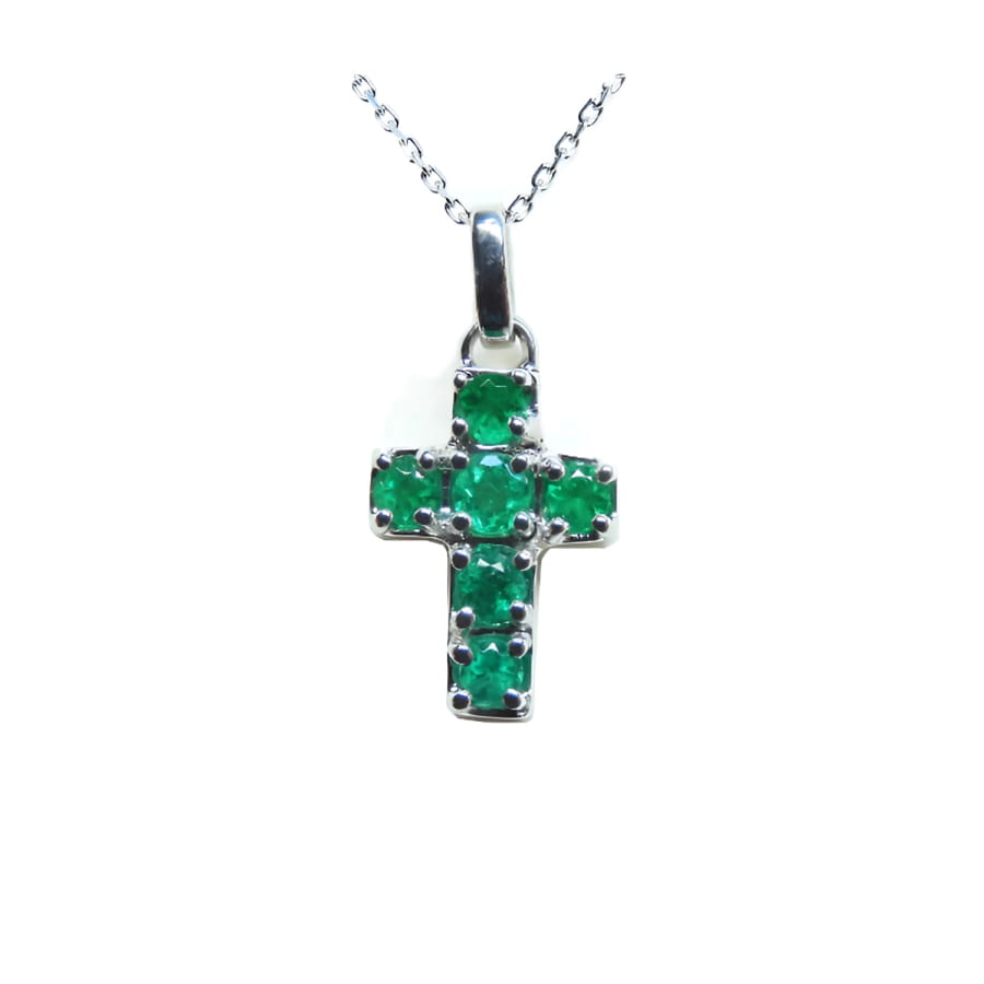 Natural colombian emerald cross pendant necklace crafted in 14k white gold with exquisite craftsmanship.