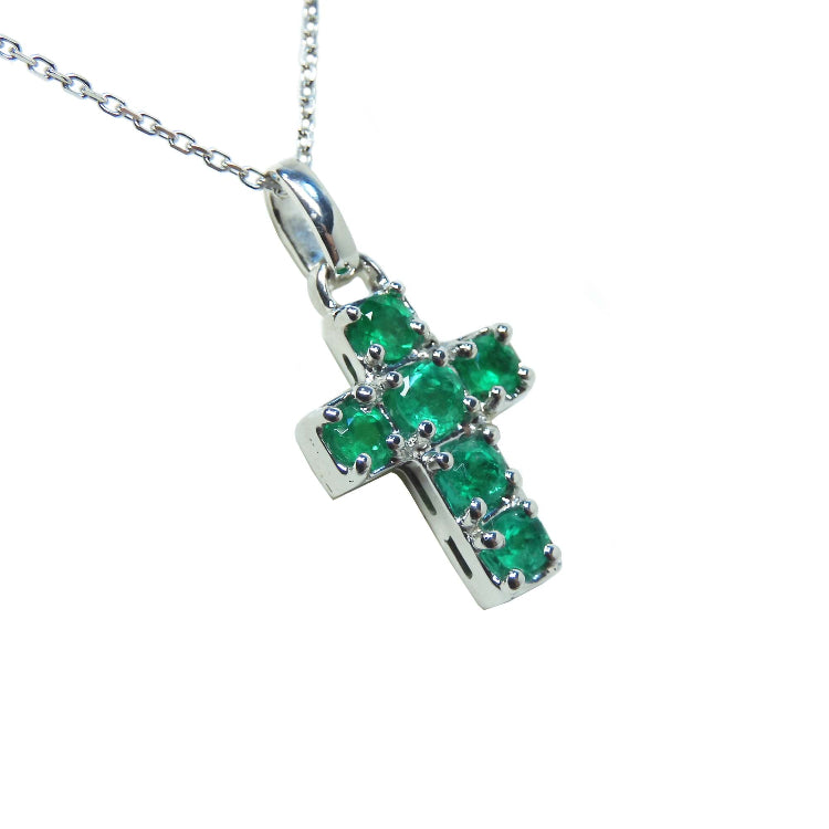 Emerald cross pendant necklace round-cut natural Colombian emeralds in an individual prong setting.