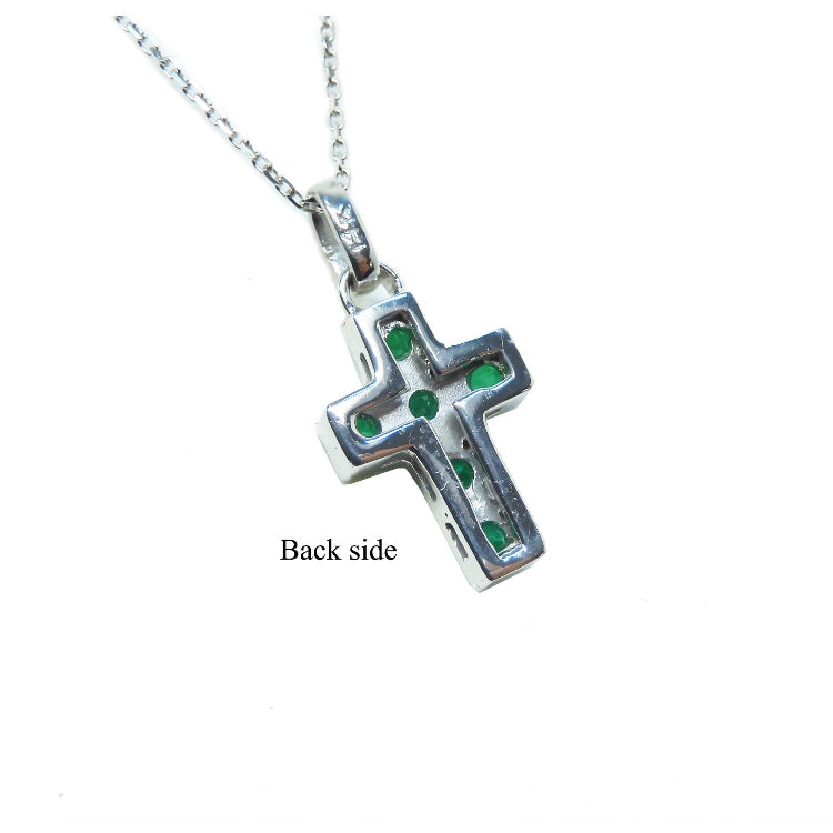 Emerald cross pendant necklace o the back side view.