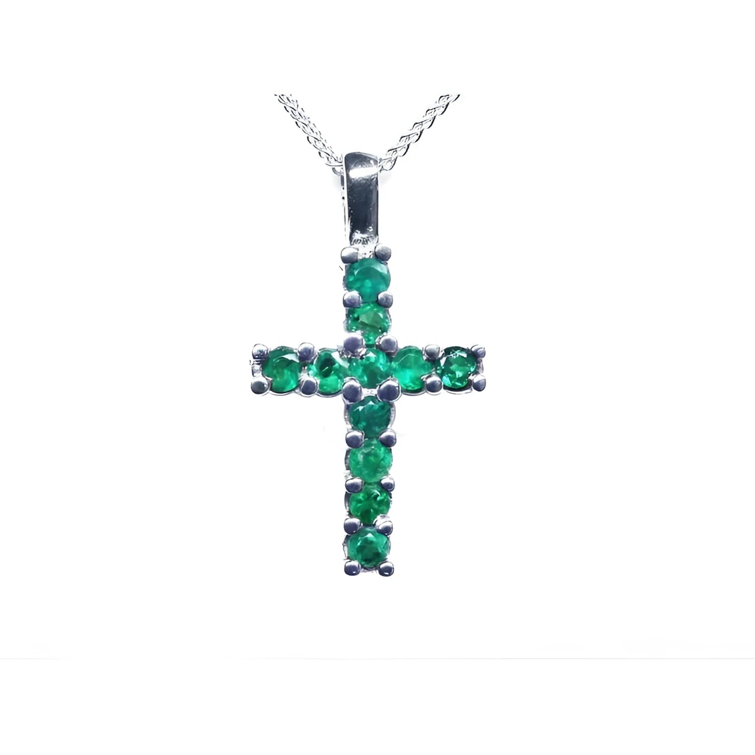18K white gold cross pendant necklace with 0.55 ct. round-cut emeralds, prong set on a delicate chain.