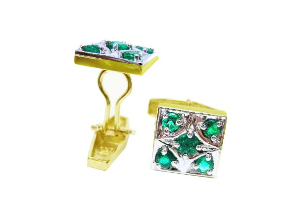 Cufflinks emerald and diamond men's jewelry fine quality natural Muzo emeralds May birthstone crafted in 14k yellow gold