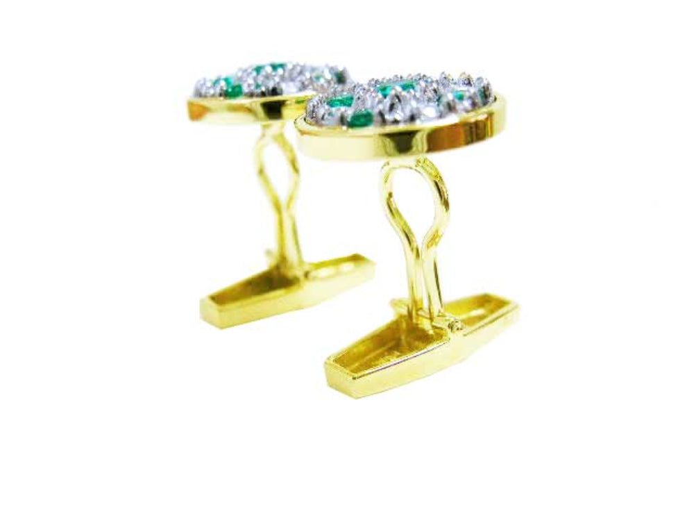Emerald and diamond fine jewelry cufflinks for men five high quality natural Colombian emeralds accent diamonds 14k yellow gold