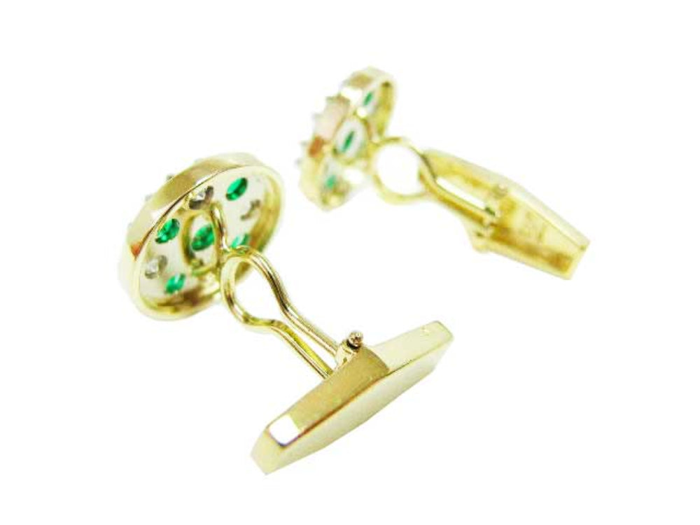 Green emerald men’s cufflinks five high quality natural Colombian emeralds accent diamonds 14k yellow gold