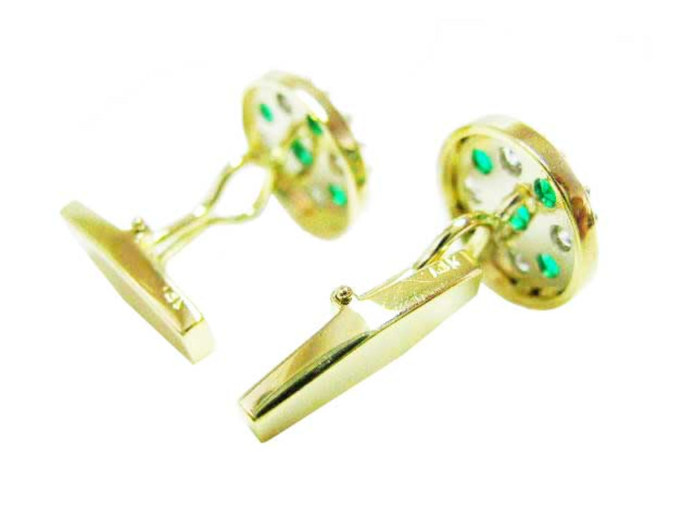 Round cut real Colombian emerald cufflinks five high quality natural Colombian emeralds accent diamonds 14k yellow gold