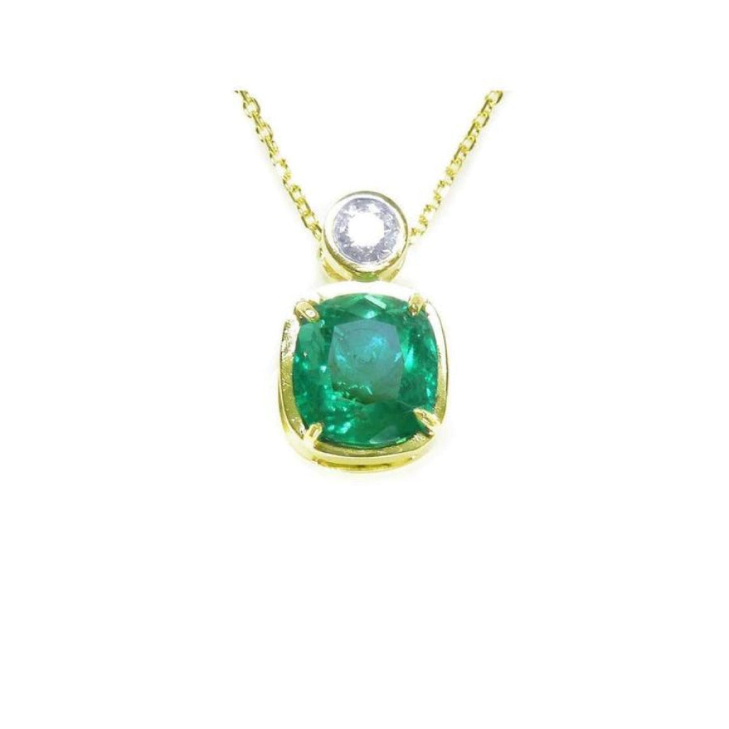 Vibrant 3.43 ct. cushion-cut emerald pendant in 18K yellow gold with a diamond accent.