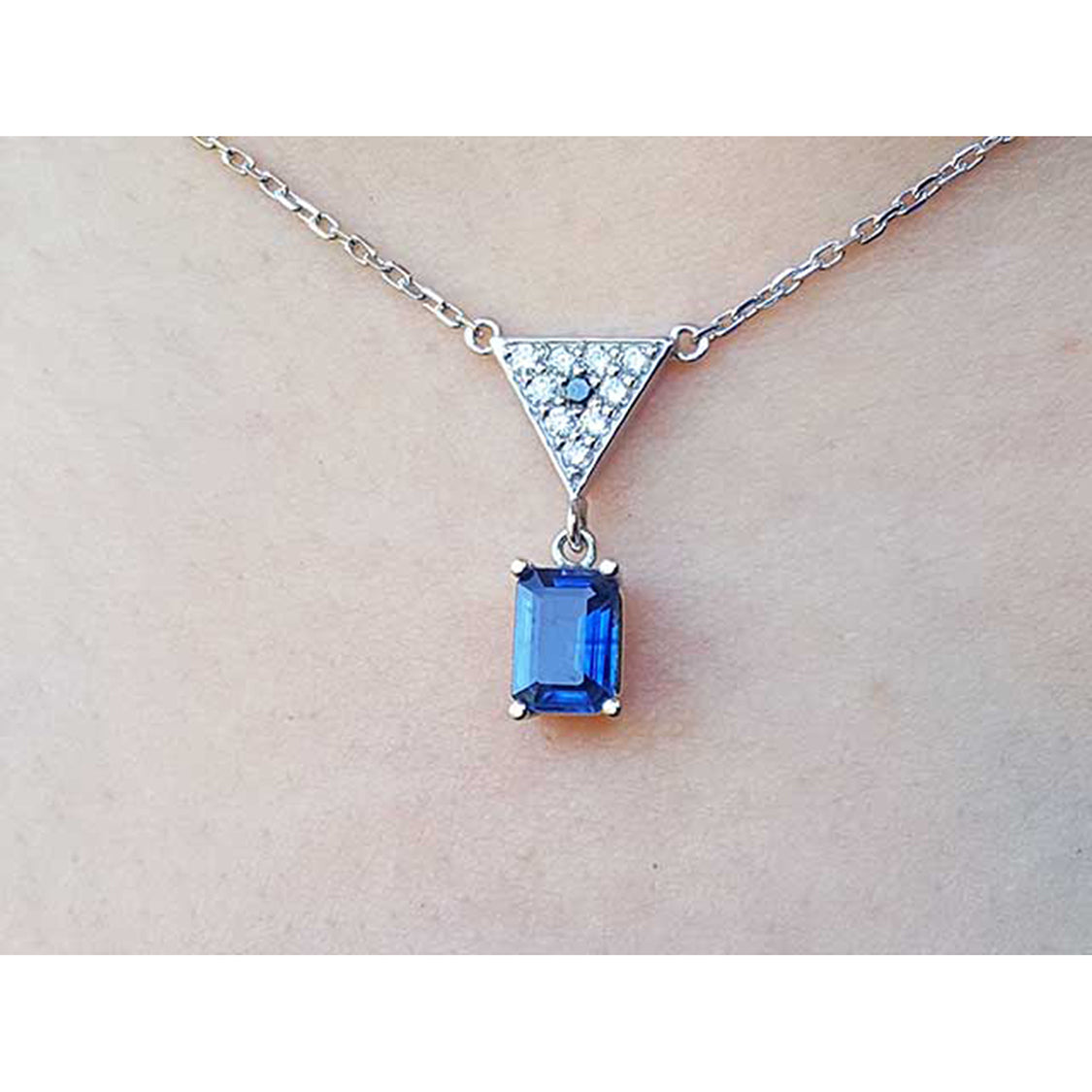 1.05 ct. Natural Sapphire Necklace Medium Dark Blue with Diamonds 14K White Gold