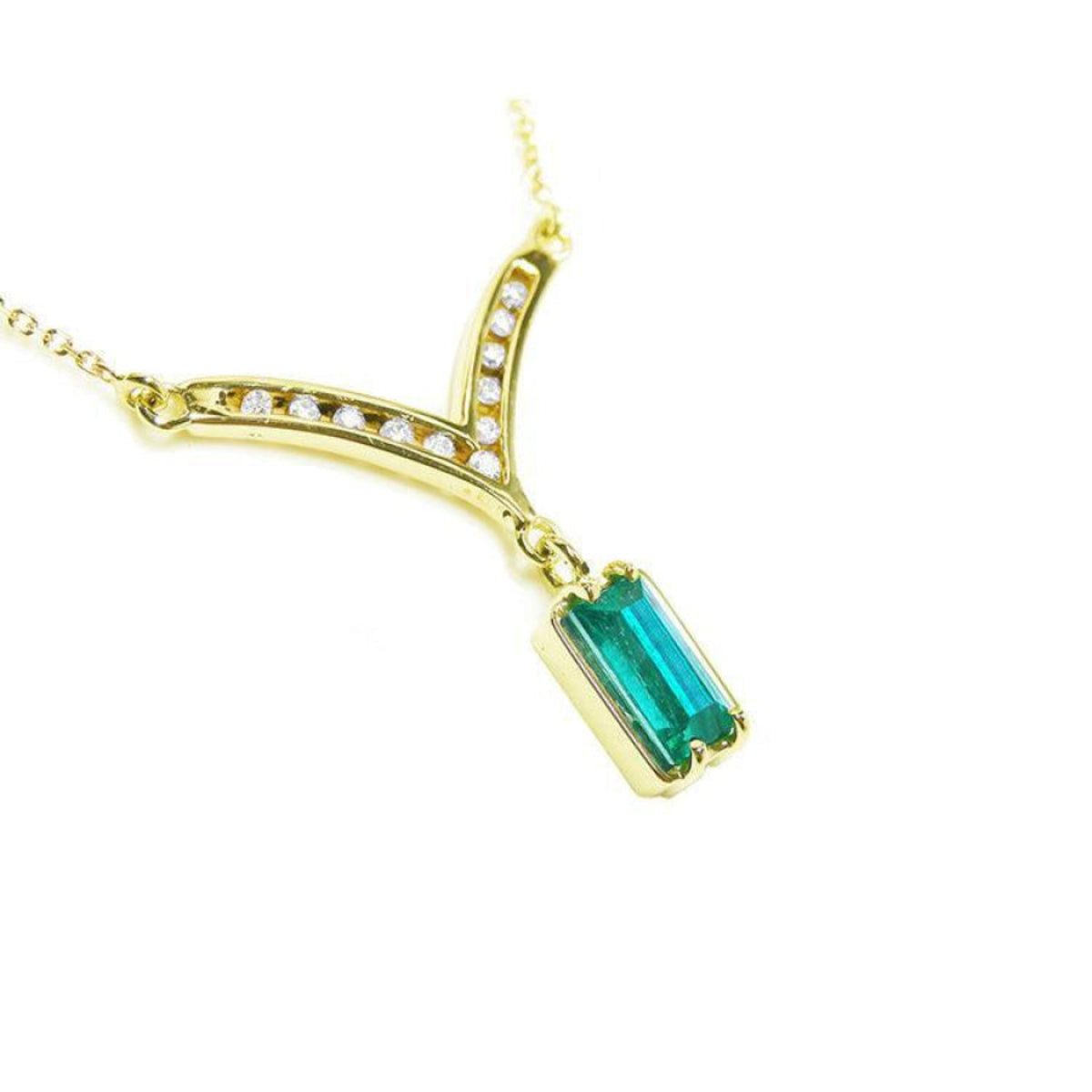 Baguette cut 1.17 ct. Genuine Colombian Emerald Necklace 14K Yellow Gold