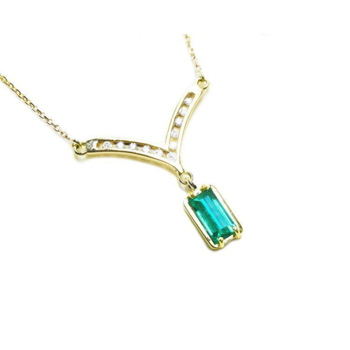 Baguette cut 1.17 ct. Genuine Colombian Emerald Necklace 14K Yellow Gold