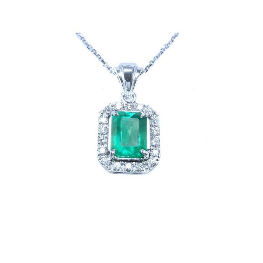 Emerald-cut emerald pendant with halo diamonds in 14K white gold on a chain.