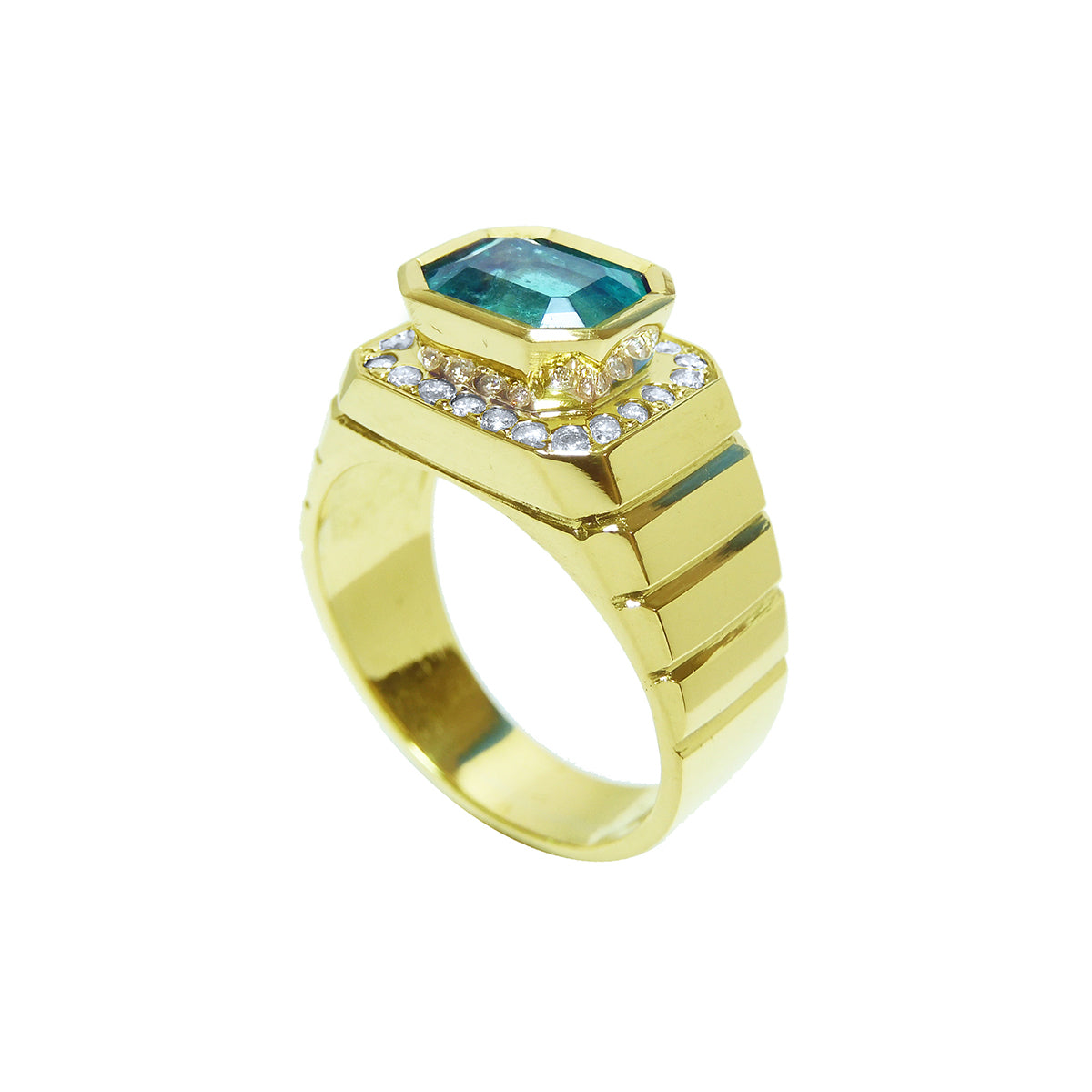 Gold ring for man with a genuine colombian emerald and diamond accents on a half side position.