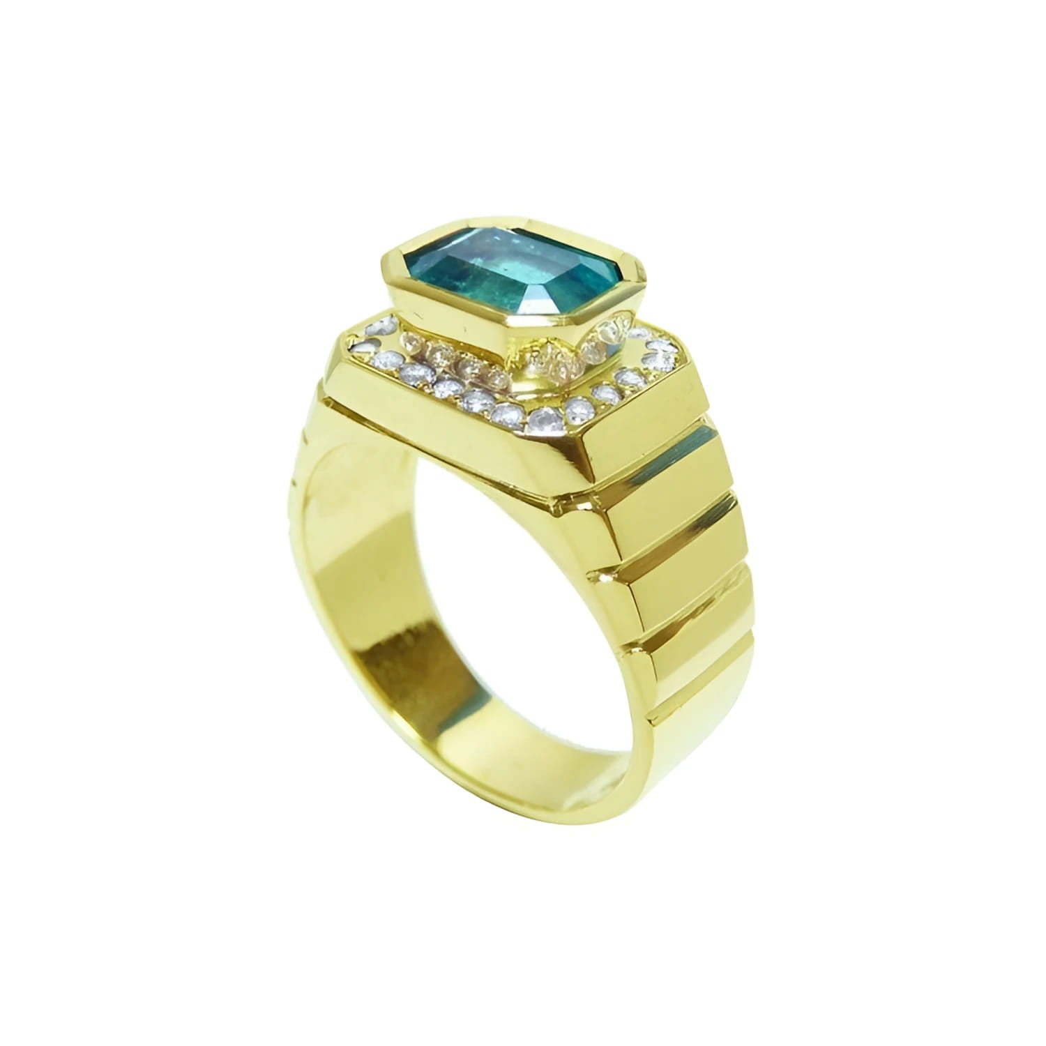 Men's 18K yellow gold ring with a bezel-set emerald-cut emerald and diamond accents.