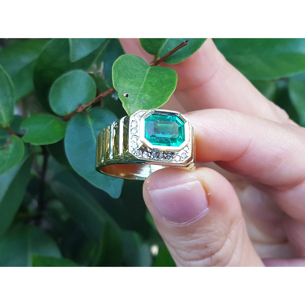 Gold ring with a square natural colombian emerald held by a hand against a leafy background.