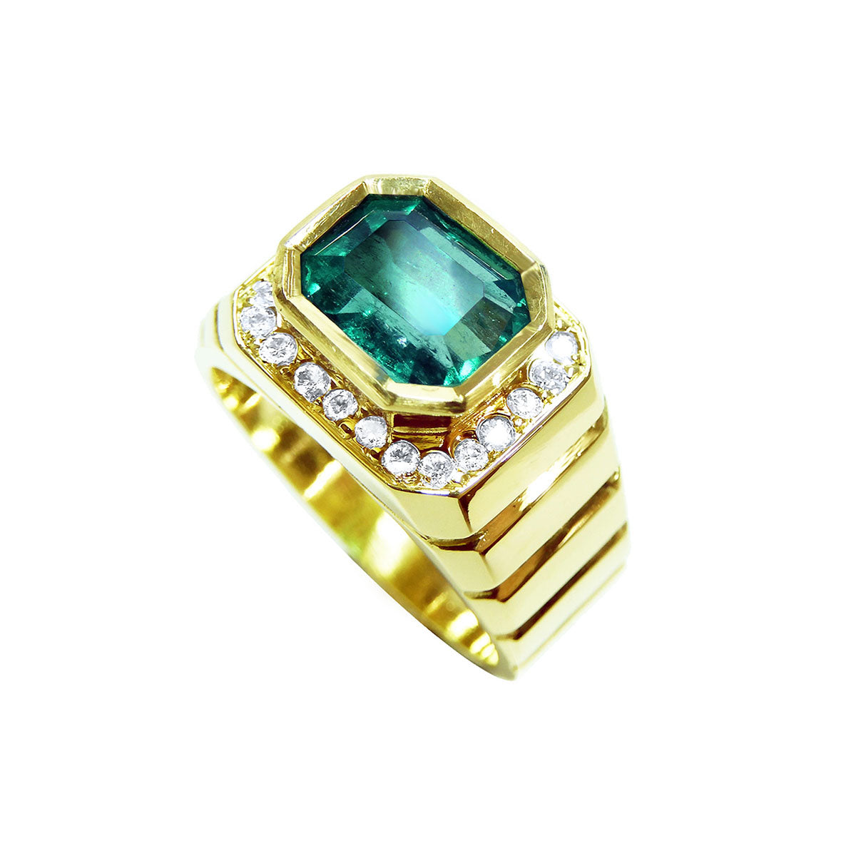 Gold ring for men with a rectangular colombian emerald and diamond accents on a white background