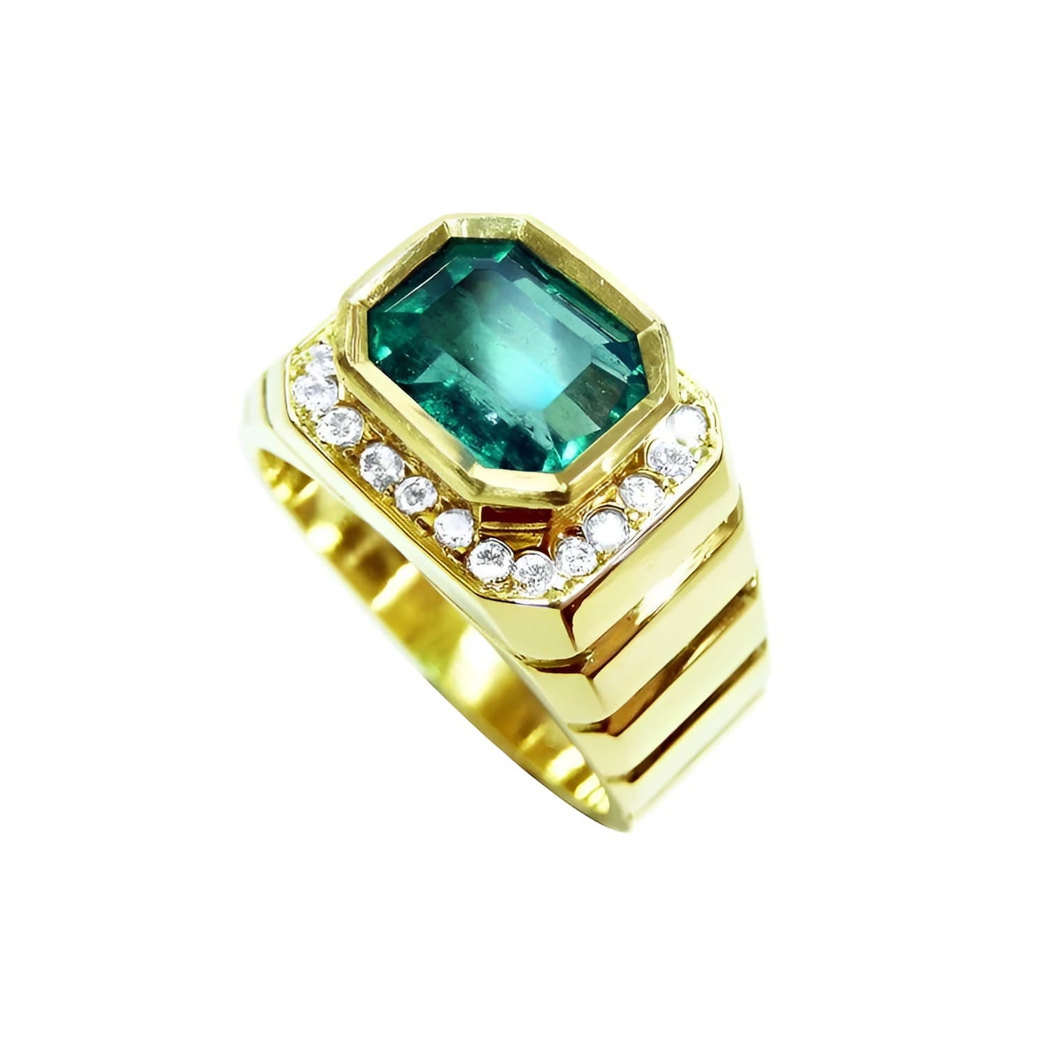 Men's 18K yellow gold ring with a bezel-set emerald-cut green emerald and diamond accents.