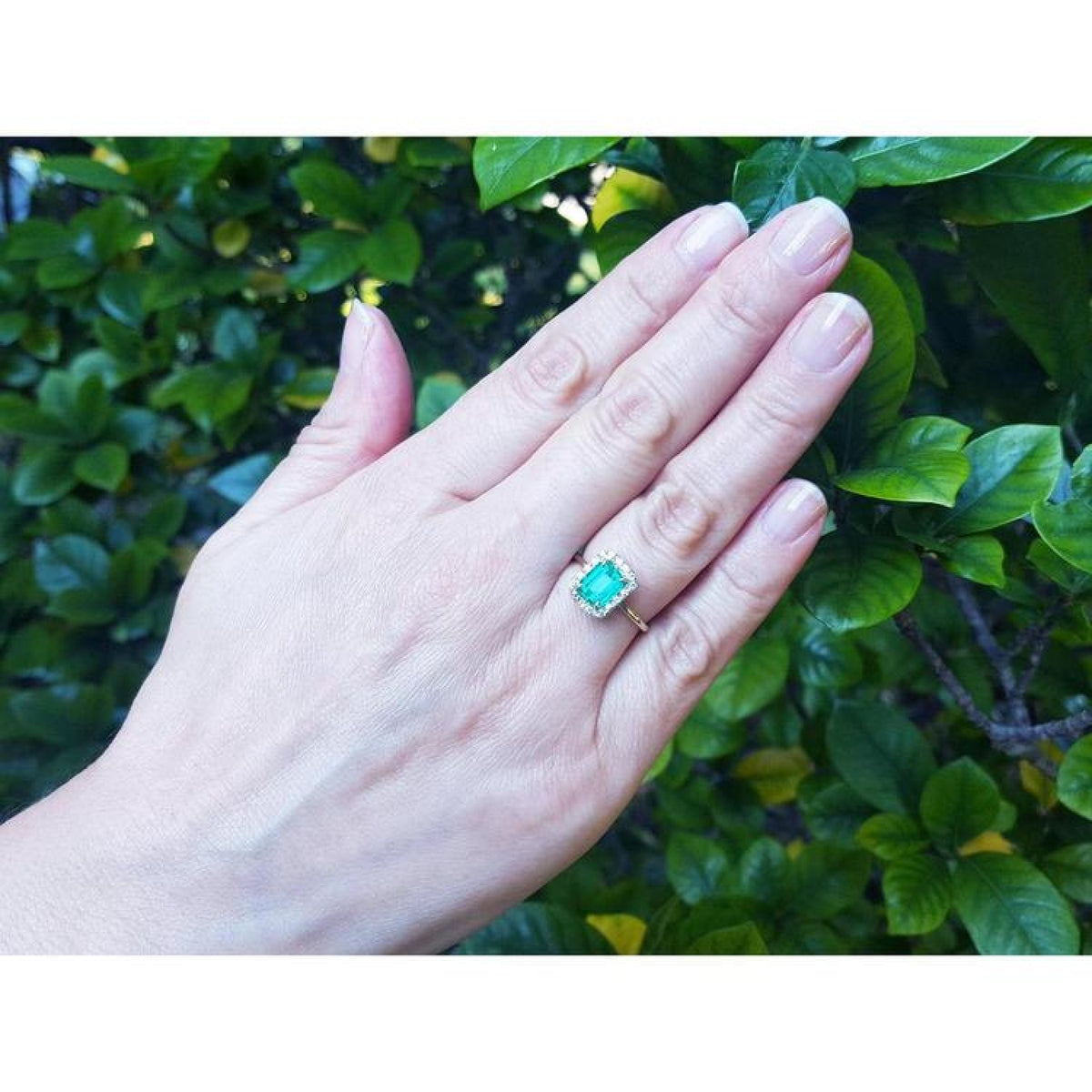 1.69 ct emerald-cut Colombian emerald halo diamond ring in 14K yellow gold on a hand.